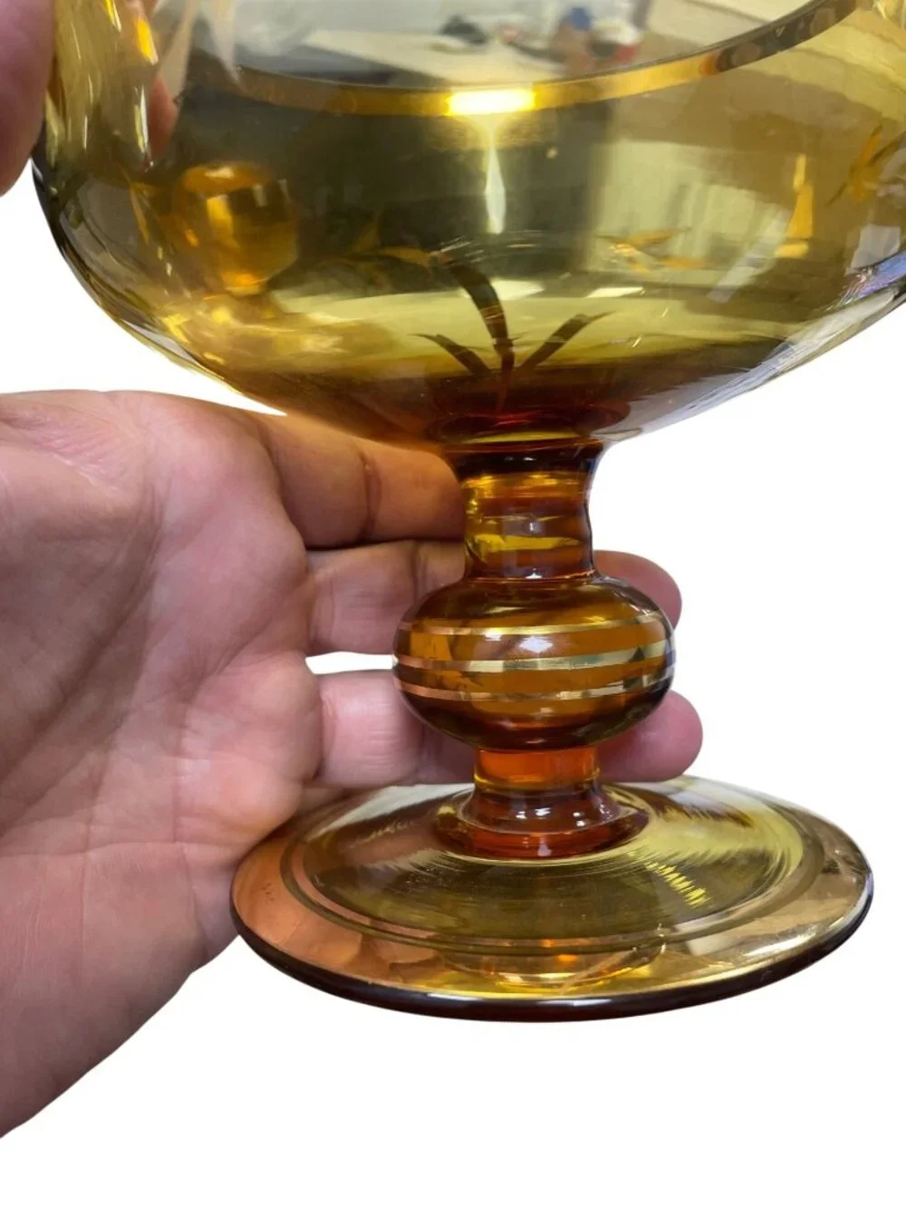 Romanian Vintage amber glass gold leaf pedestal candy dish SKU 140-814